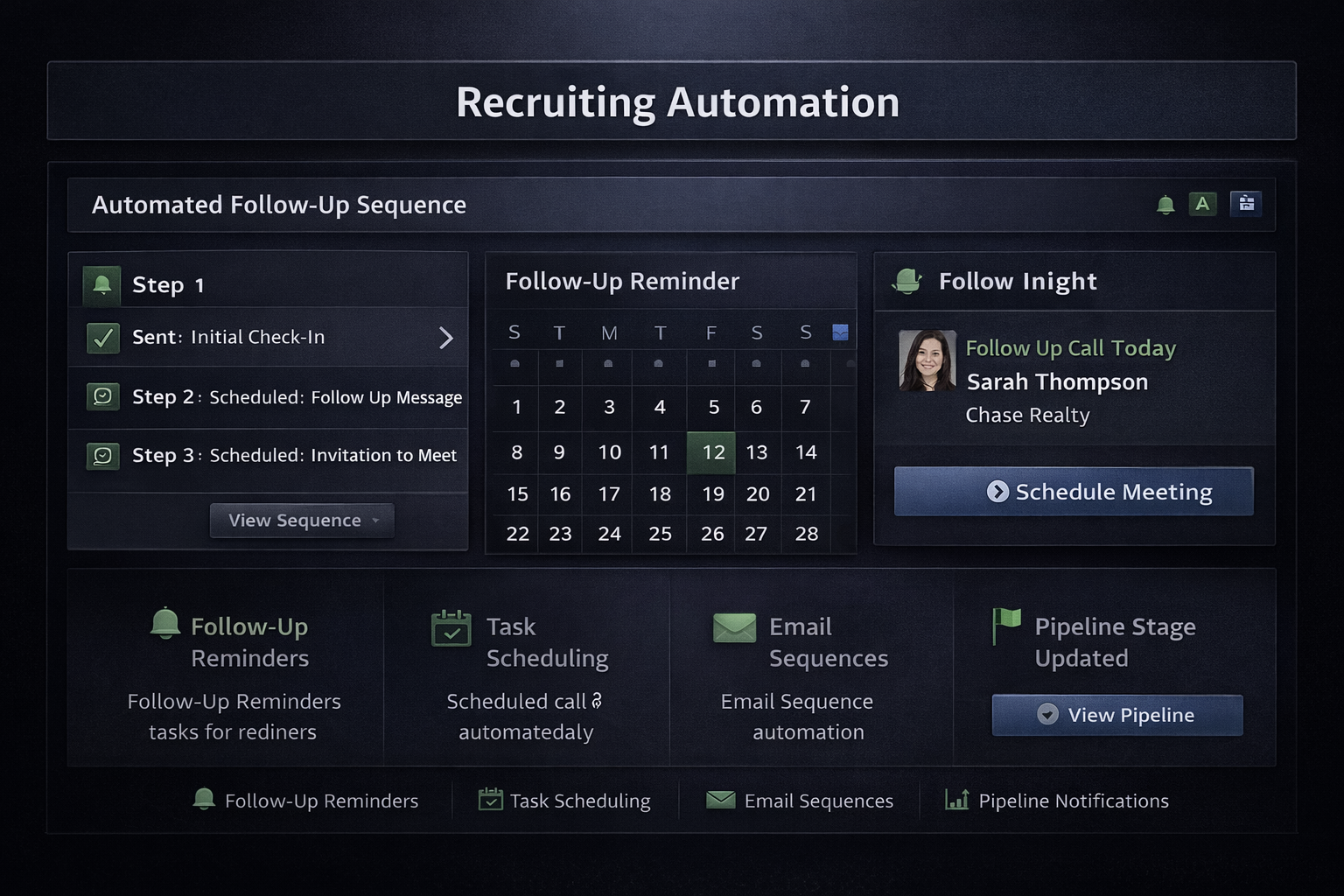 Recruiting Automation Dashboard showing automated follow-up sequences, task scheduling, and email automation
